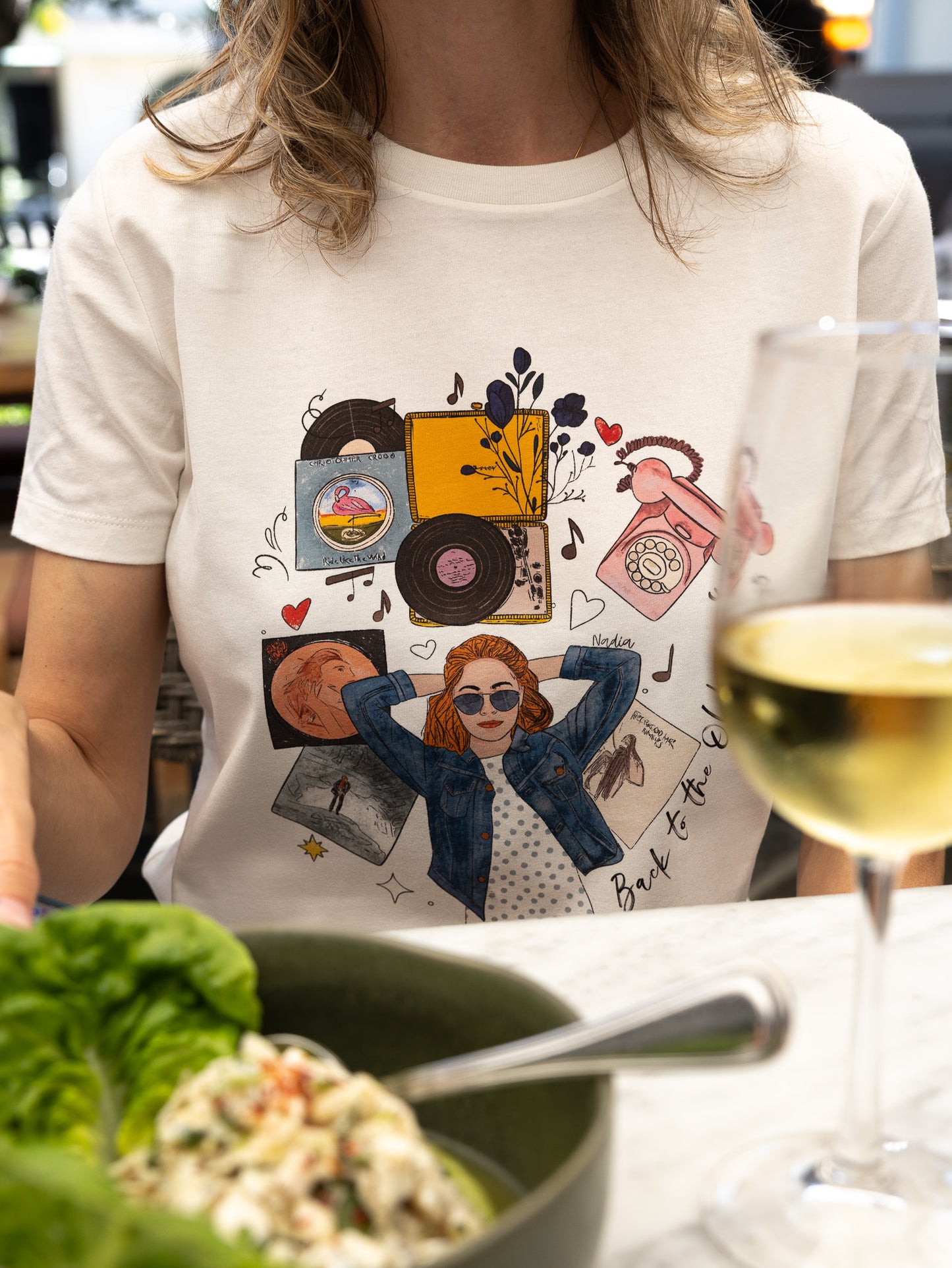 Women's off-white tee with hand-drawn retro music illustration and Back to the Old Days text.