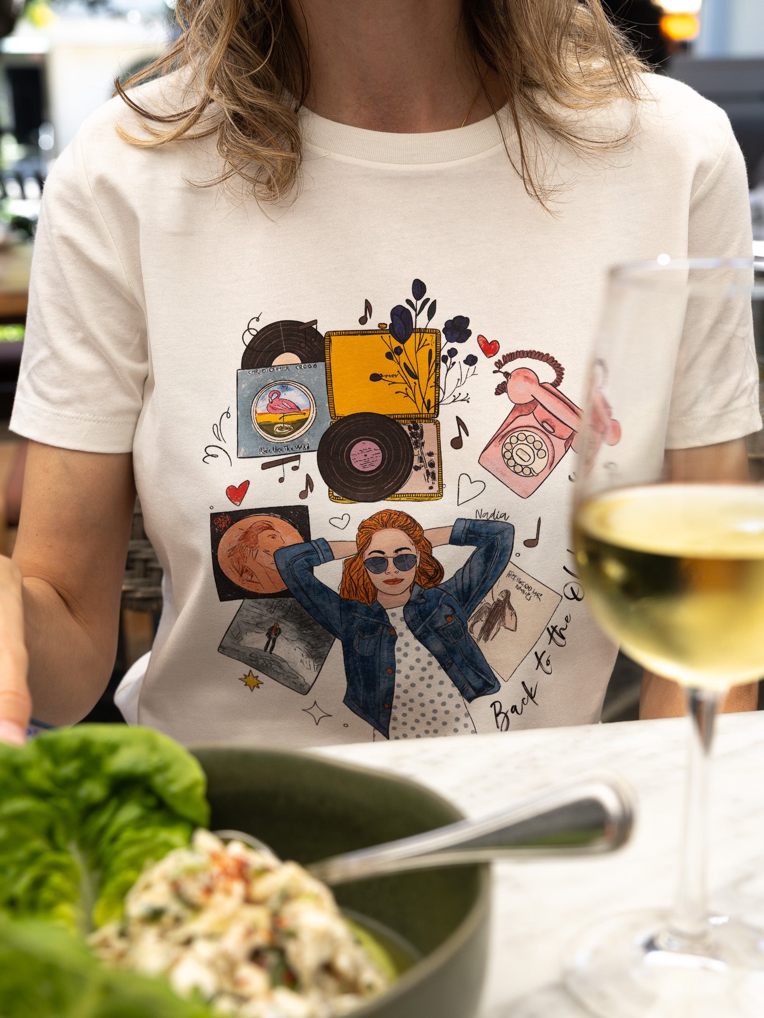 Women's off-white tee with hand-drawn retro music illustration and Back to the Old Days text.