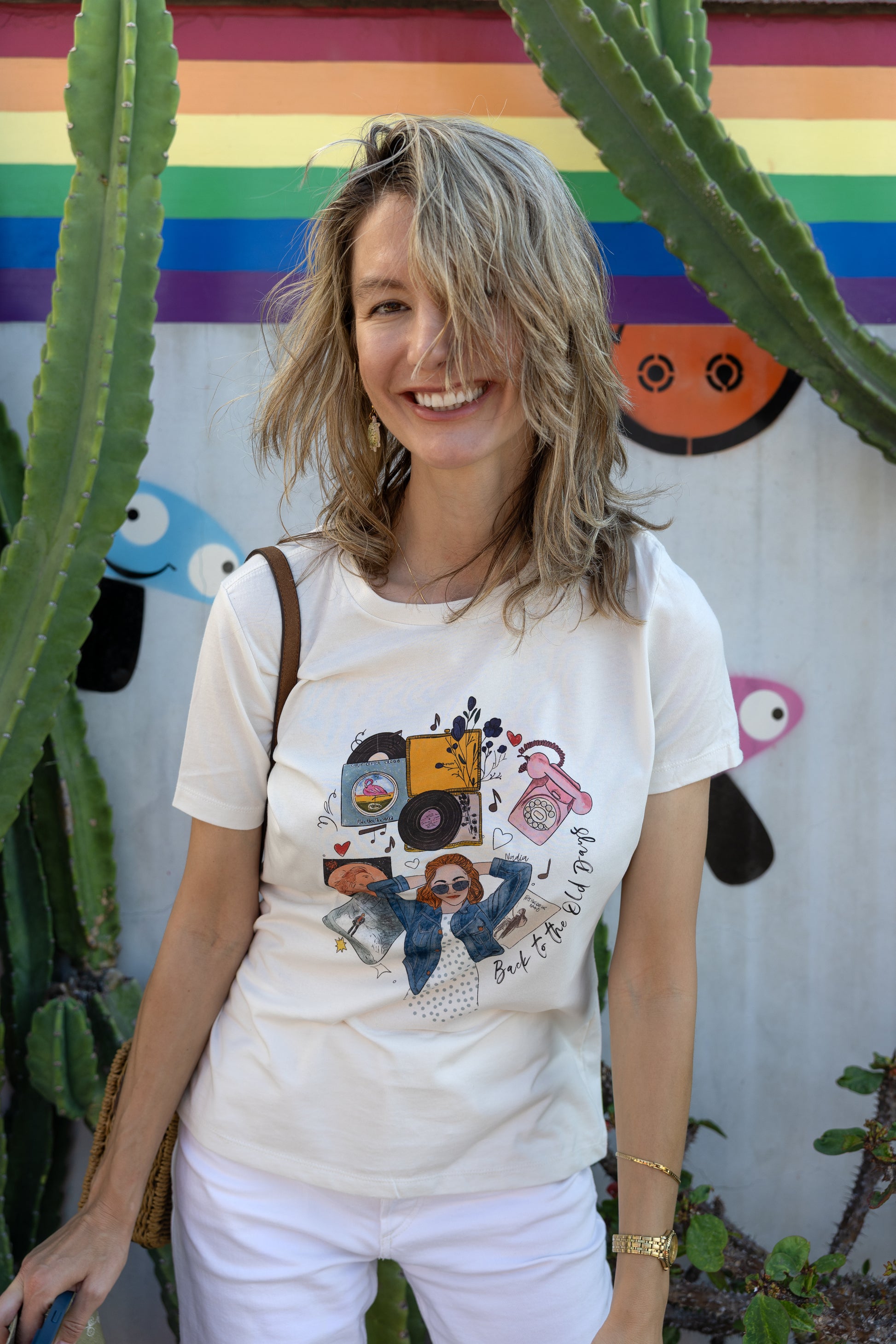 Women's off-white tee with hand-drawn retro music illustration and Back to the Old Days text.