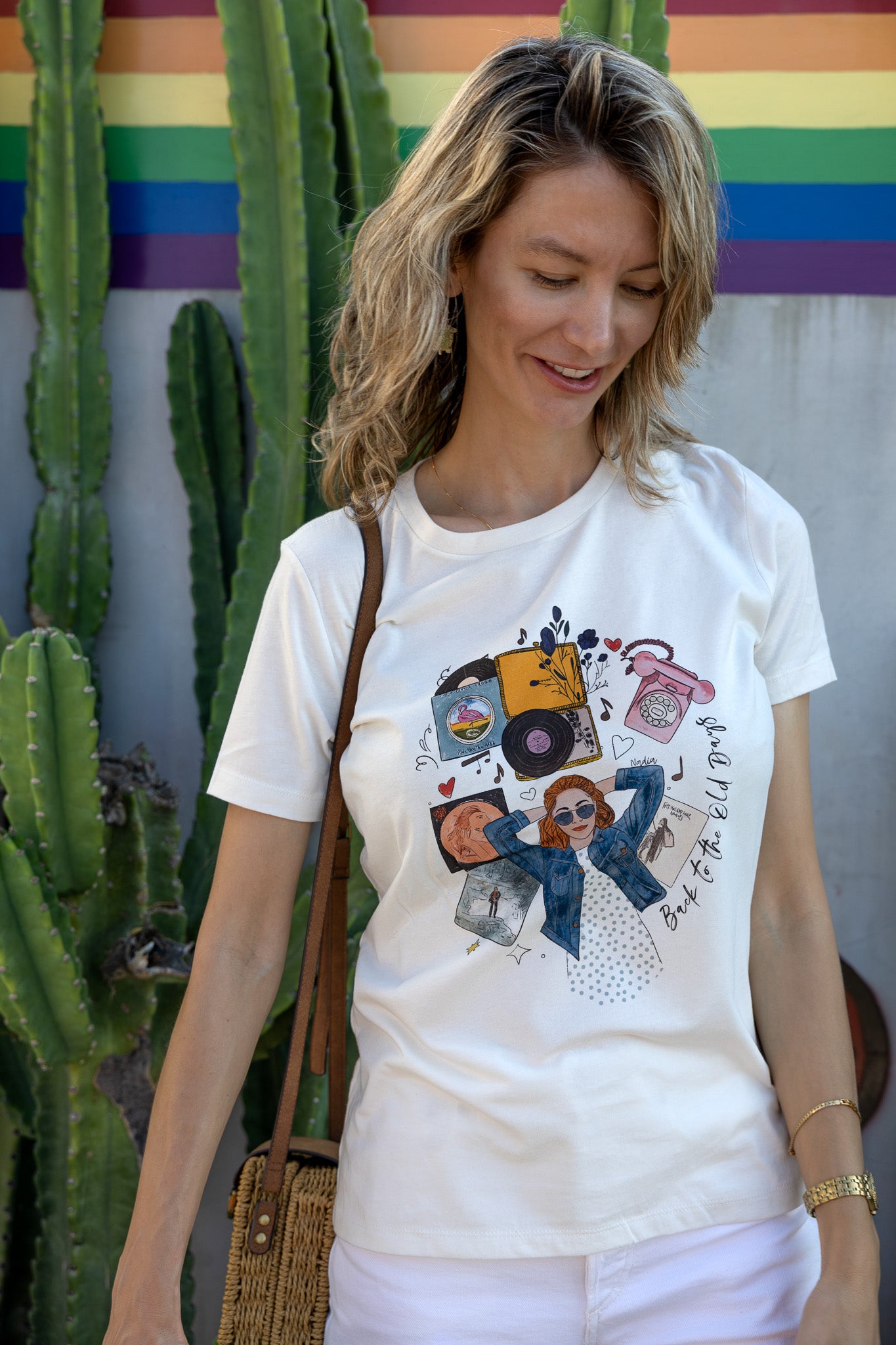 Women's off-white tee with hand-drawn retro music illustration and Back to the Old Days text.