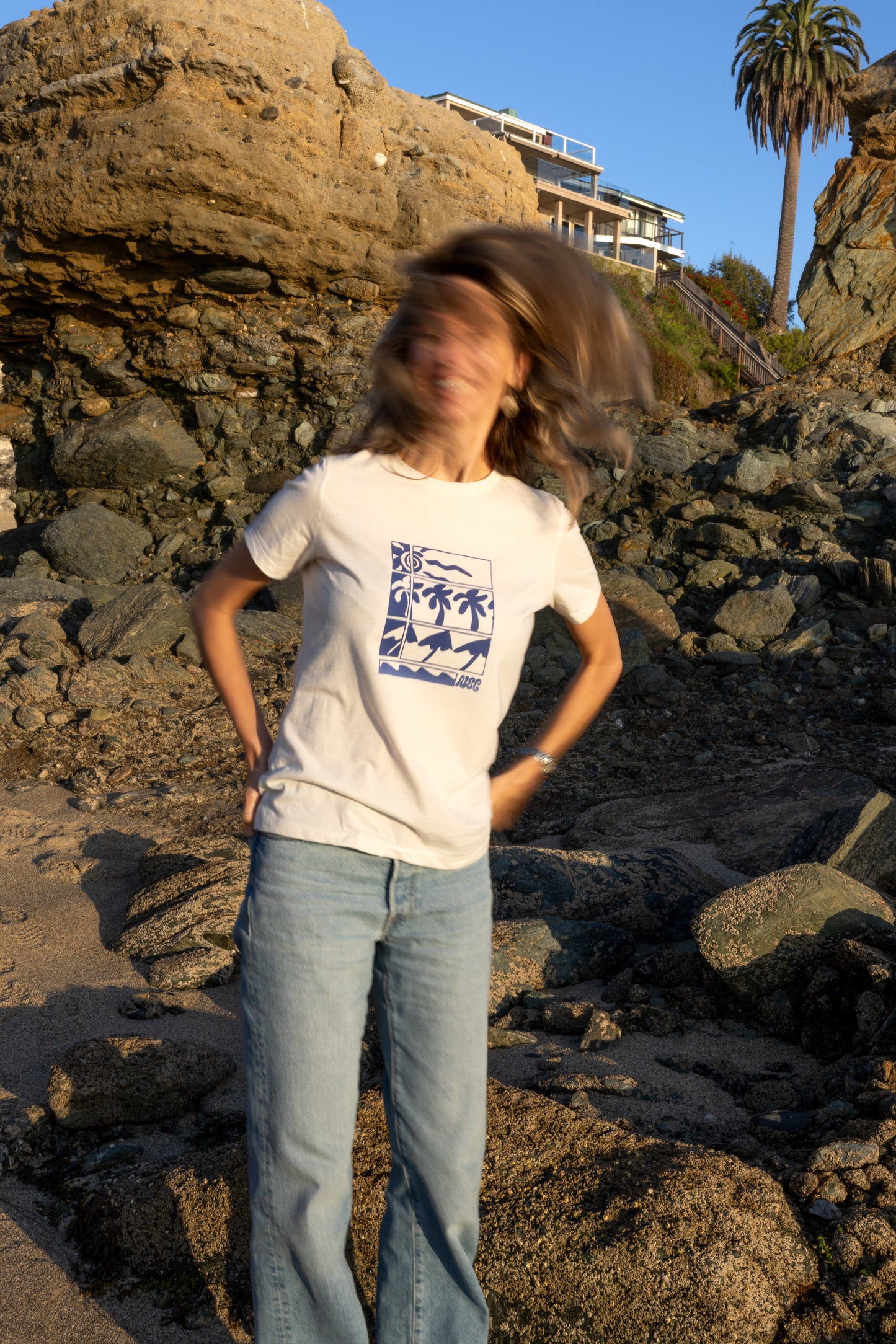 Blue Coastal Block Stylized Hand-Illustrated Women's Tee