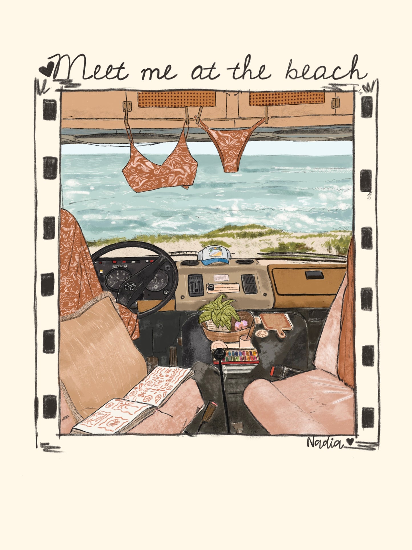 Illustration of a van interior with beach-themed decor, including bikinis and 'Meet me at the beach' text.