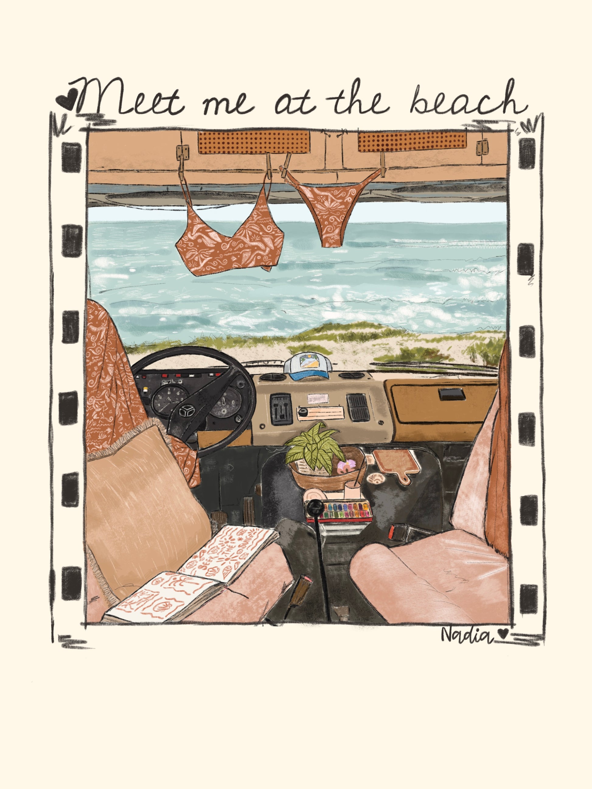 Illustration of a van interior with beach-themed decor, including bikinis and 'Meet me at the beach' text.