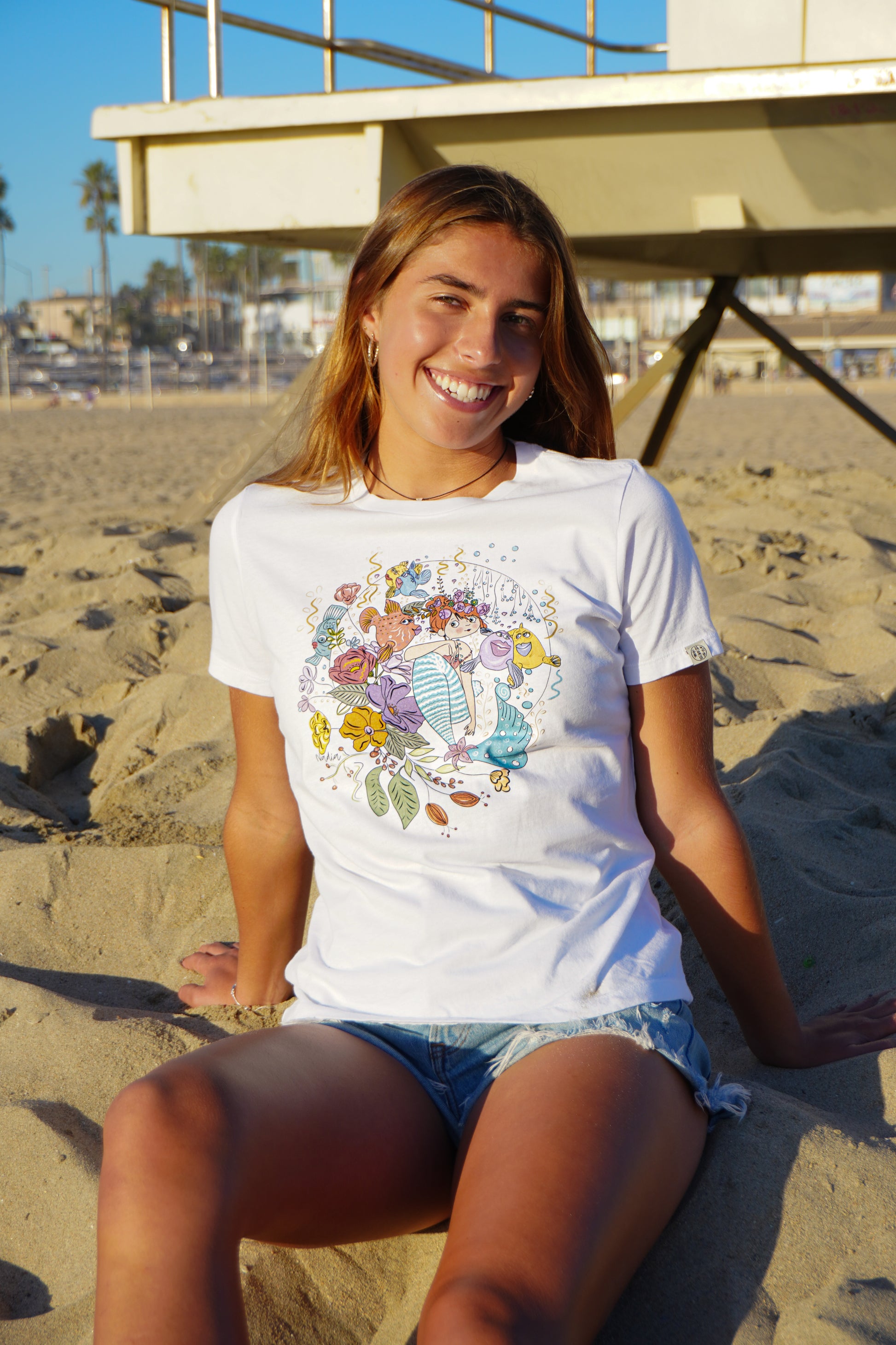 Cute mermaid tee for women. Illustration of a mermaid and funny fish  printed on cotton tee. Handmade by a local artist