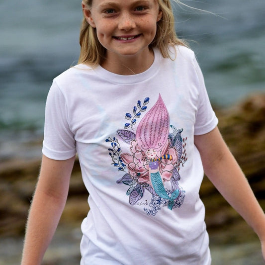Mermaid Floral Graphic Tee for girls. Sustainably designed in California by an artist Nadia Watts. Pink hair mermaid