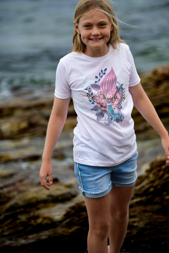 Handmade floral mermaid  graphic tee for girls. Illustrated and sustainably printed on soft cotton t-shirt. Kids collection