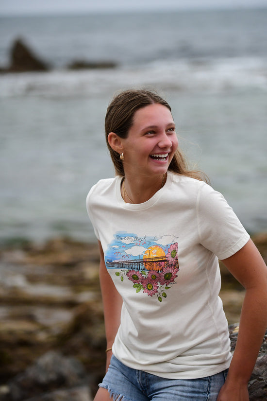 Load image into Gallery viewer, North Shore Girls Newport Beach Pier Floral Illustrated handmade graphic tee for women who love surf and the beach
