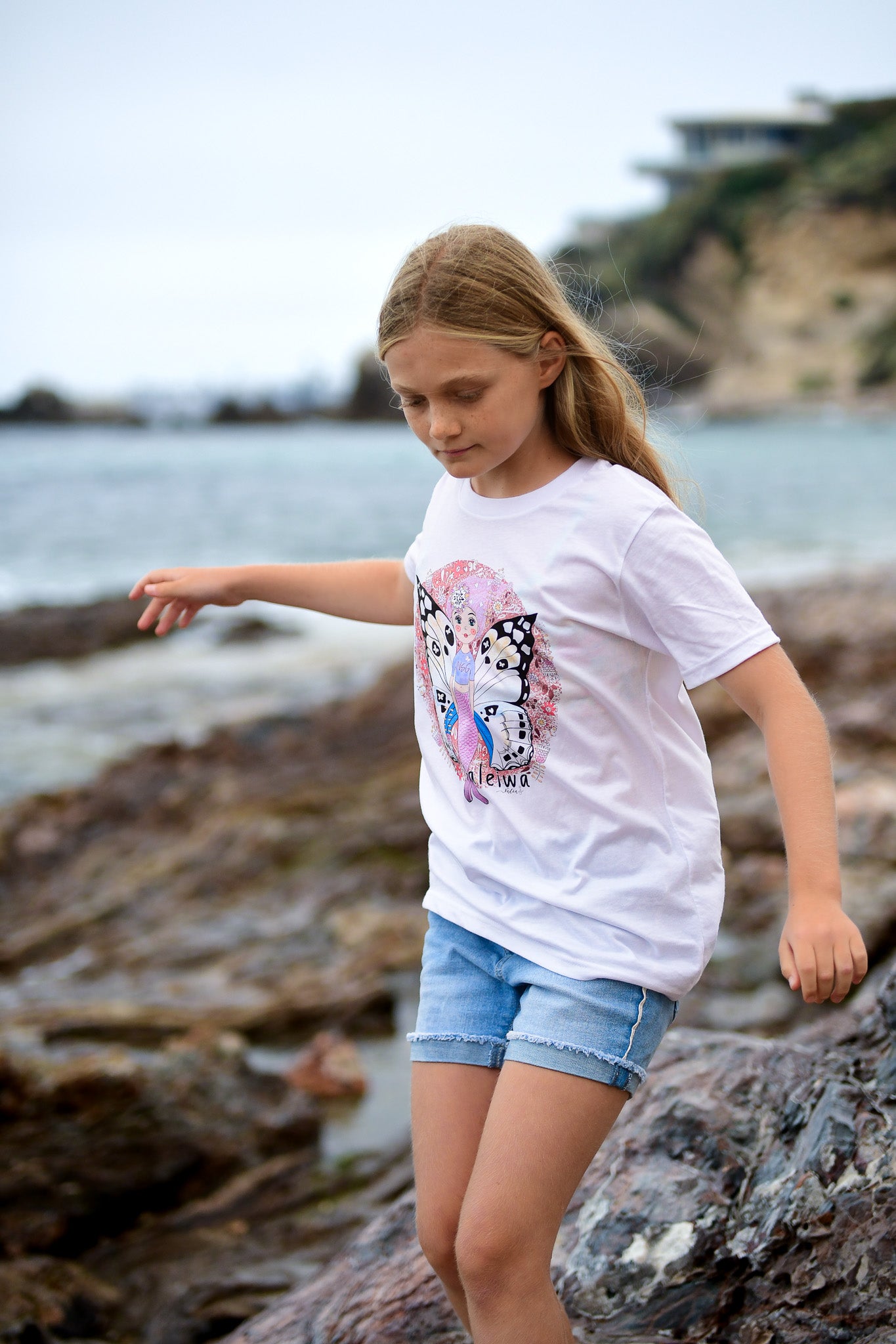 North Shore girls Haleiwa butterfly mermaid graphic tee 