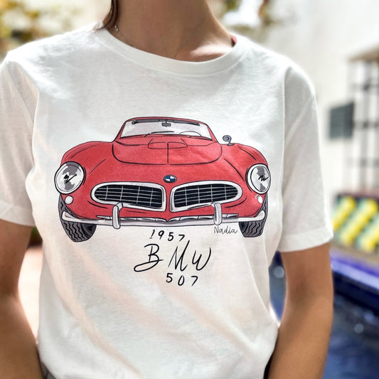 Classic Red Car illustrated graphic tee. Art t-shirt by Nadia Watts