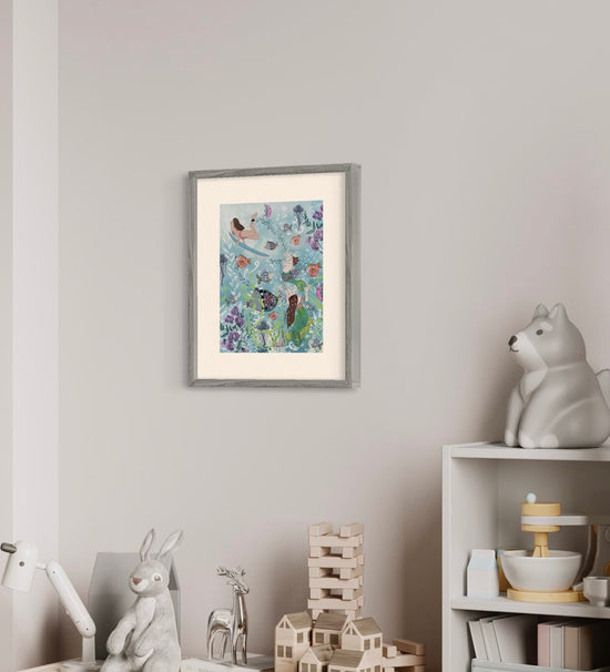 Load image into Gallery viewer, Girl&amp;#39;s room artwork matted art print wall decor. mermaids and surfer girl underwater.
