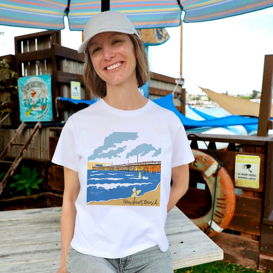 Newport Beach  Pier surf destination illustrated graphic t-shirt for women. North Shore Girls