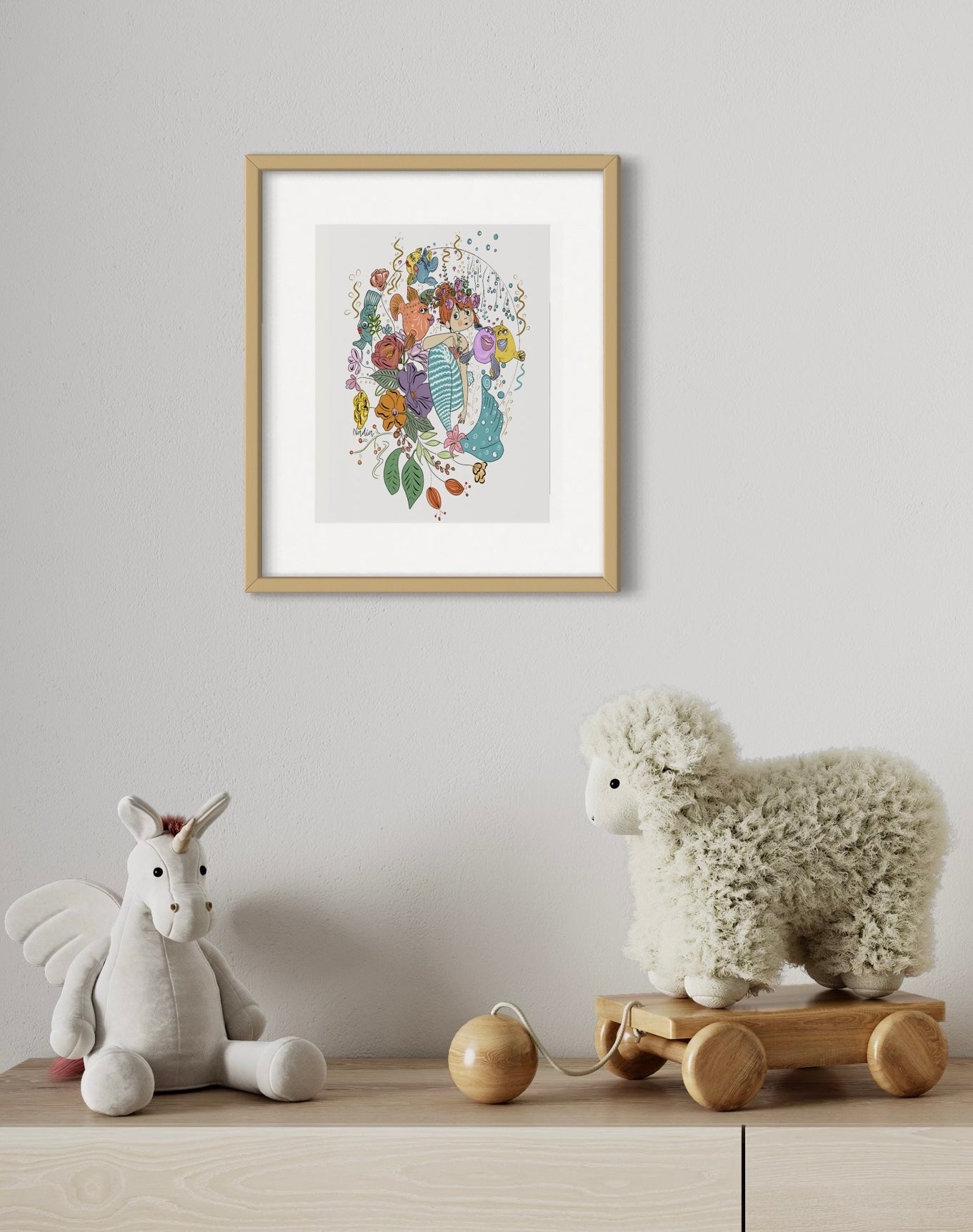 Load image into Gallery viewer, Kids room wall decor art print of a pretty mermaid, fish and flowers. beautiful ocean graphic design. North Shore Girls
