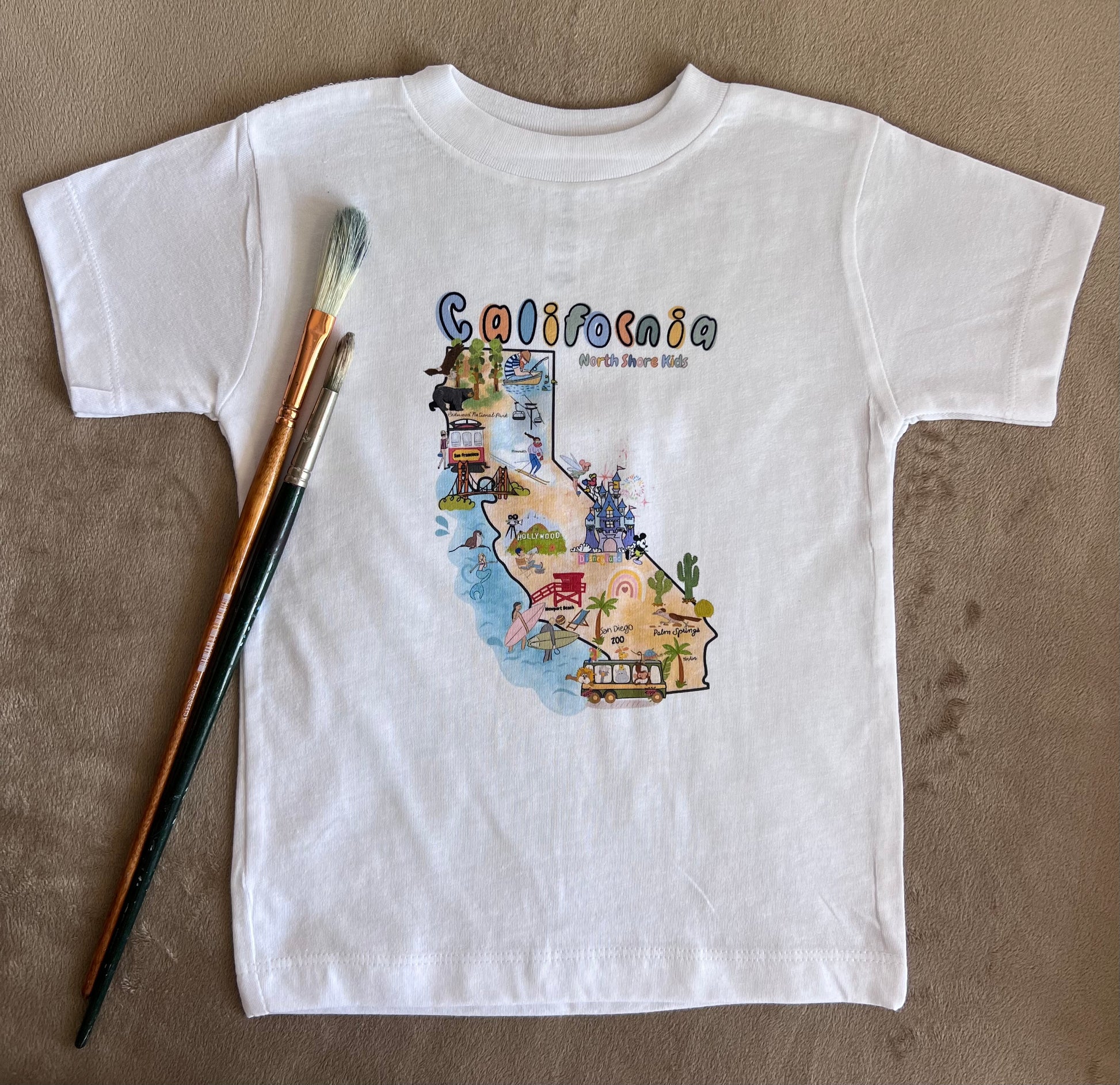 North Shore Girls and Kids California Map handmade illustrated t-shirt for kids