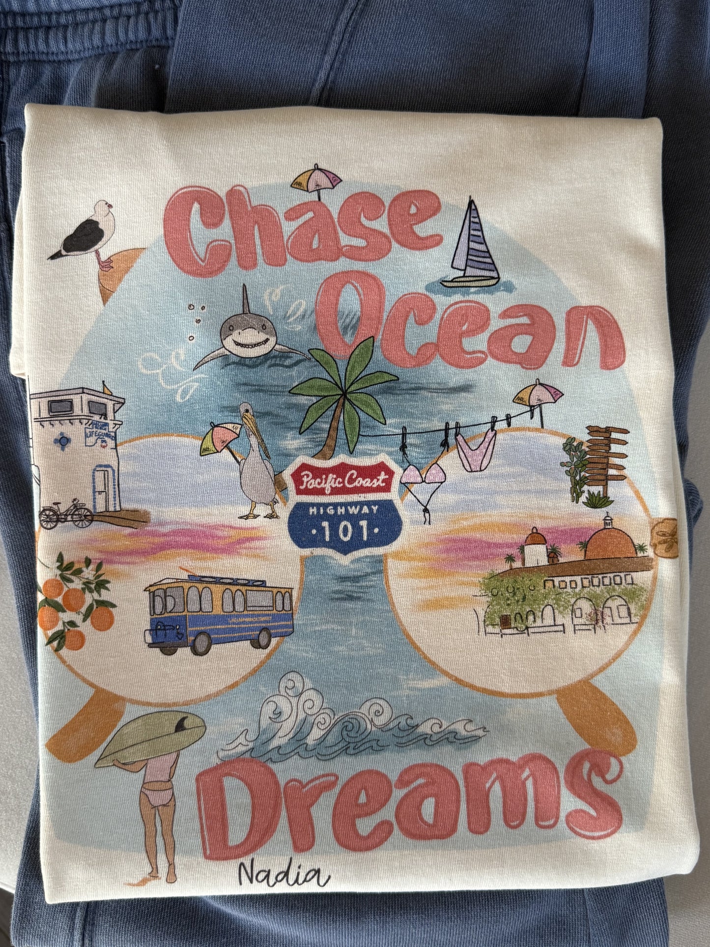 Chase Ocean Dreams graphic tee, Southern California Pacific Coast Highway illustration, soft cotton, women's fit, made in SoCal