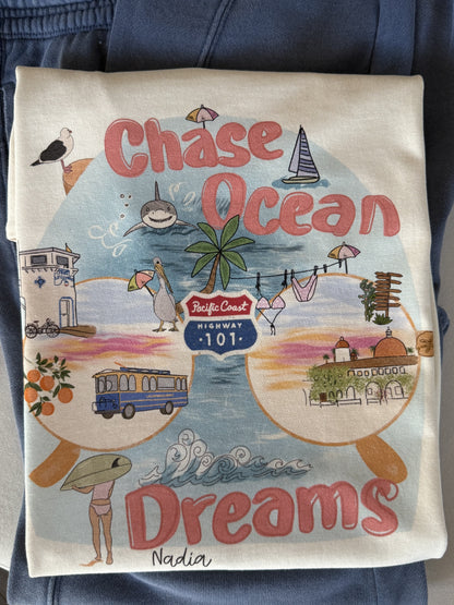 Artist‑illustrated Pacific Coast Highway scene on a soft cotton tee – SoCal vibe