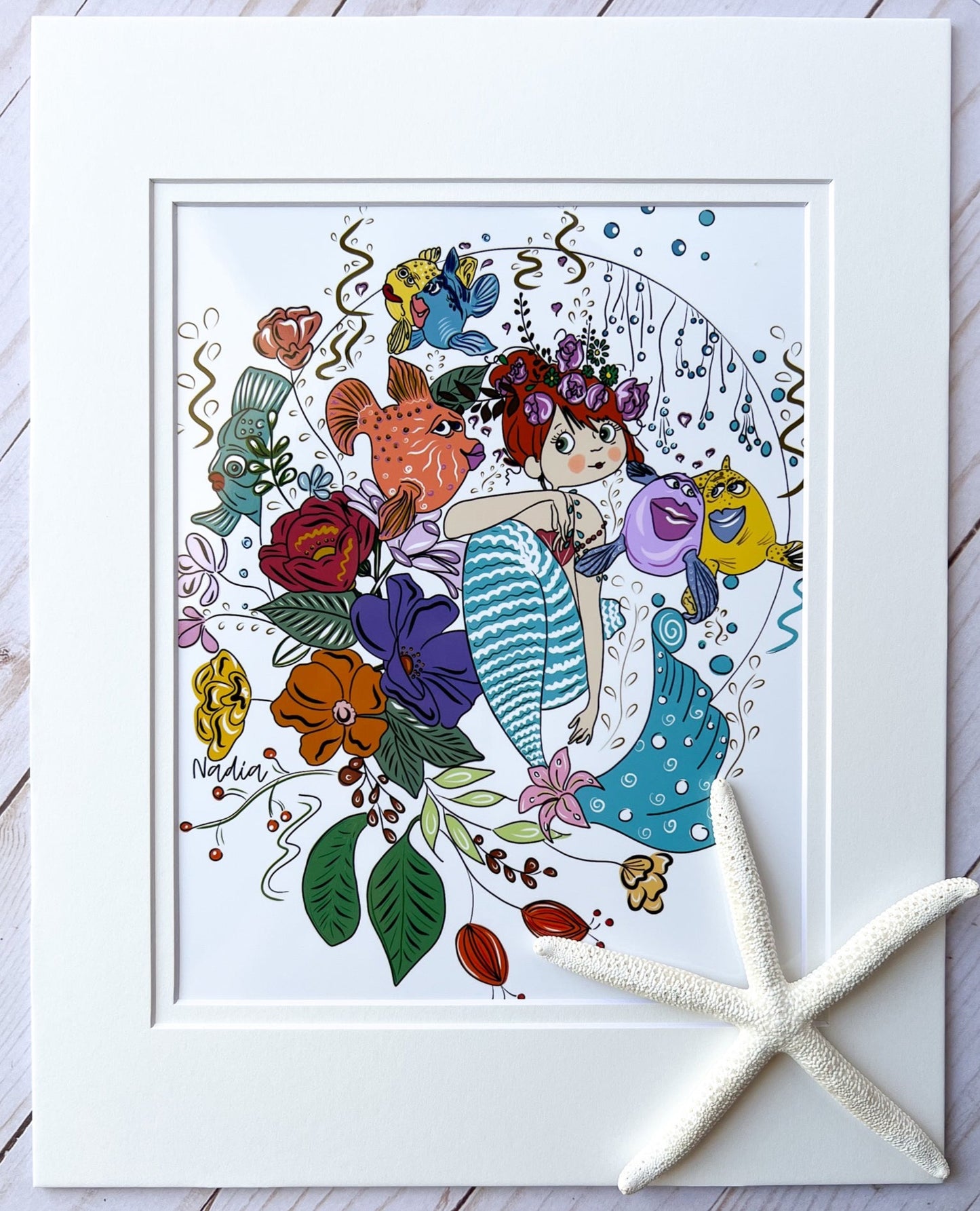 Load image into Gallery viewer, Cute Mermaid and funny fish floral illustration art print matted.  Mermazing drawing by Nadia Watts. Wall decor for girl&amp;#39;s bedroom, bathroom, or nursery. Gift for a mermaid fan
