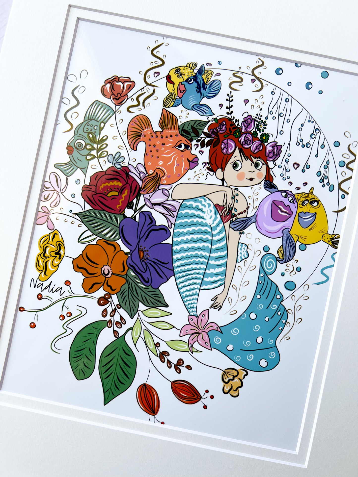 Colorful floral sea life whimsical illustration of a mermaid and fish. Wall decor for a little girl's room. created by local artist in Southern California