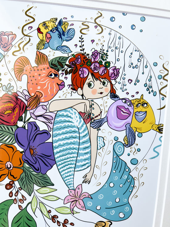 Art by illustrator Nadia Watts. Matted art print for a mermaid lover. Ocean life illustrated. 