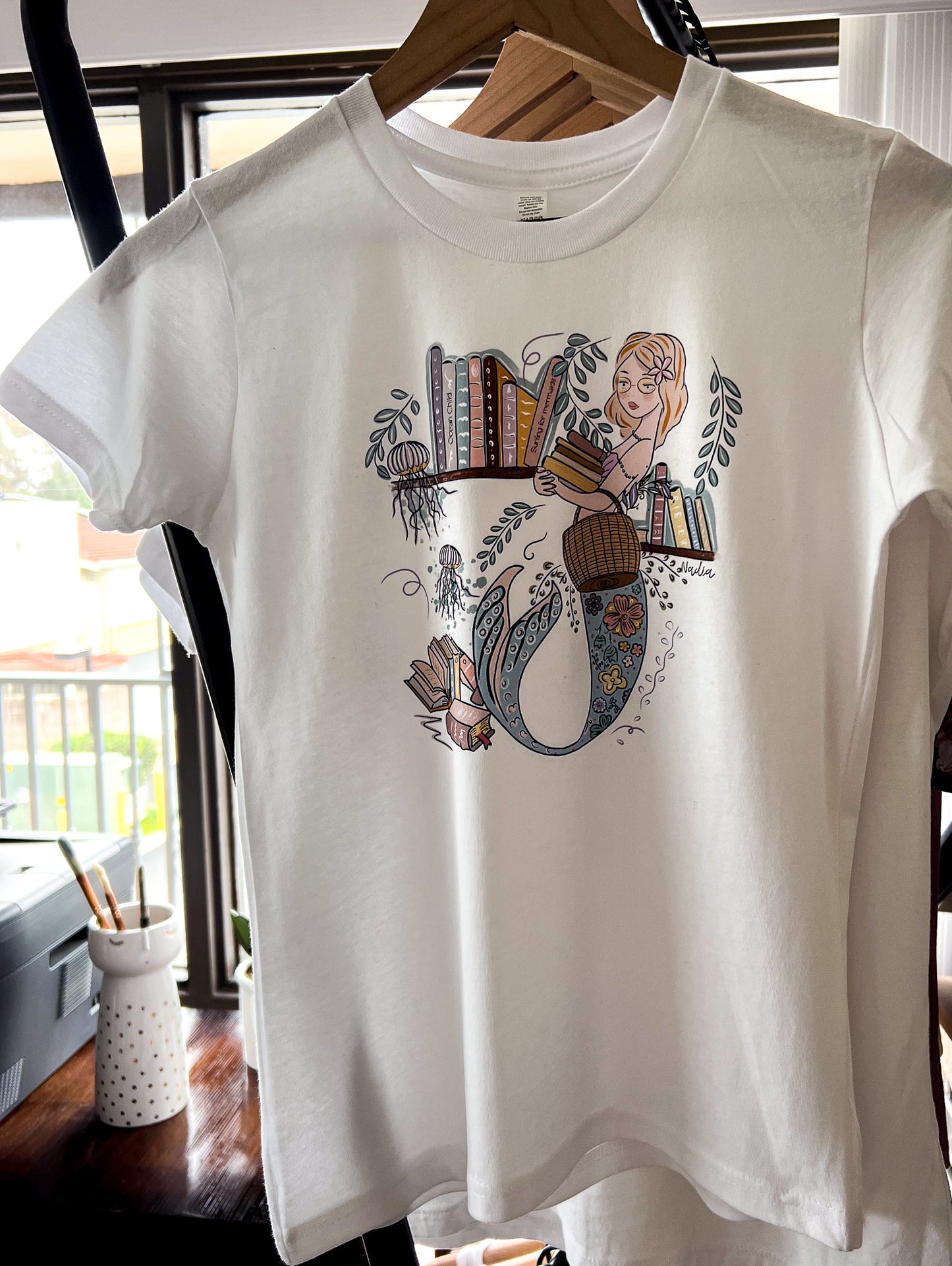 Mermaid and book floral graphic tee for little girls.  Children's  beach tee collection