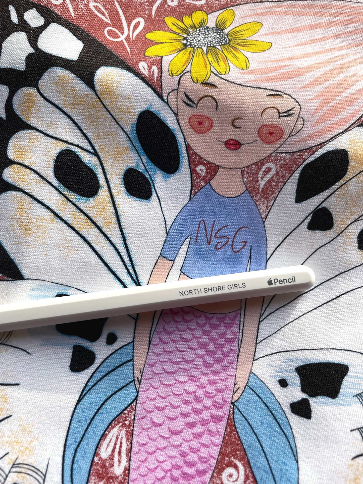 Cute mermaid Butterfly Haleiwa Girl NSG. Art by Nadia Watts. North Shore Girls Kids Tee collection