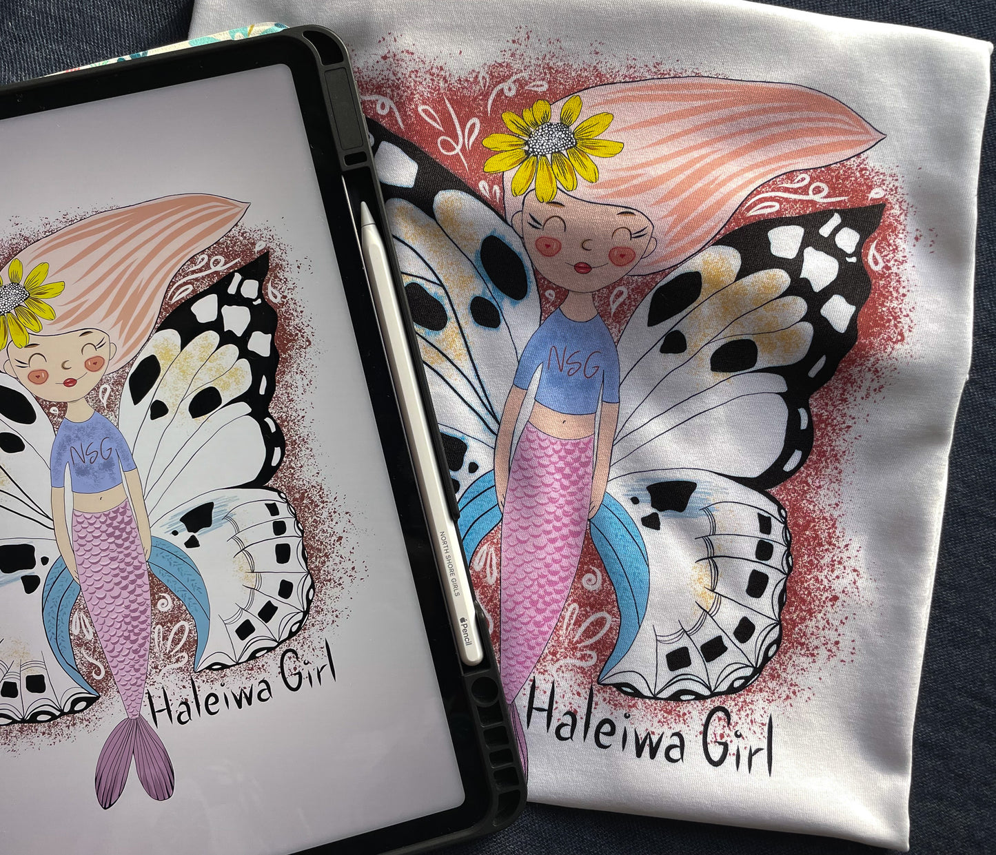 Artist Handmade Illustrated graphic tee for kids. Mermaid Butterfly inspired by Haleiwa town, Hawaii. North Shore Girls T-shirt collection for children