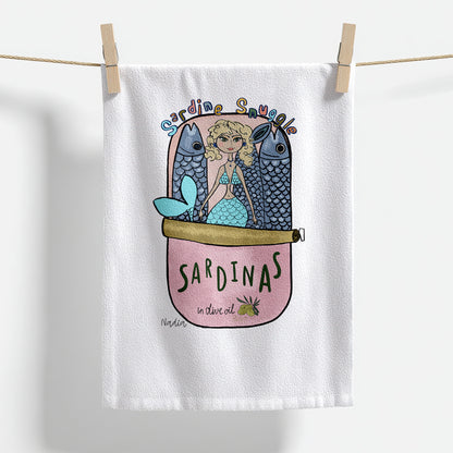 18x28 inch white thin cotton kitchen towel with a mermaid in a pink sardine tin illustration signed by Nadia Watts