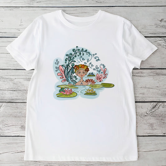 Youth white t-shirt featuring a hand-drawn mermaid with a floral wreath and tail among water lilies, North Shore Girls brand.