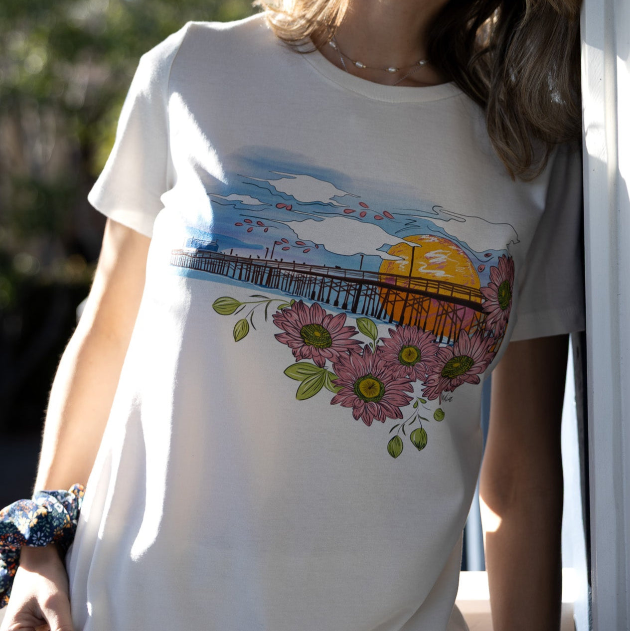 Newport Pier, California. Handmade, illustrated graphic tee for women who love Southern California beaches 