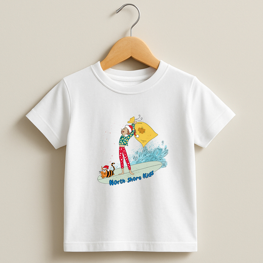 Toddler tee with a girl on a surfboard, cat, Santa hat and gift bag – holiday surf design