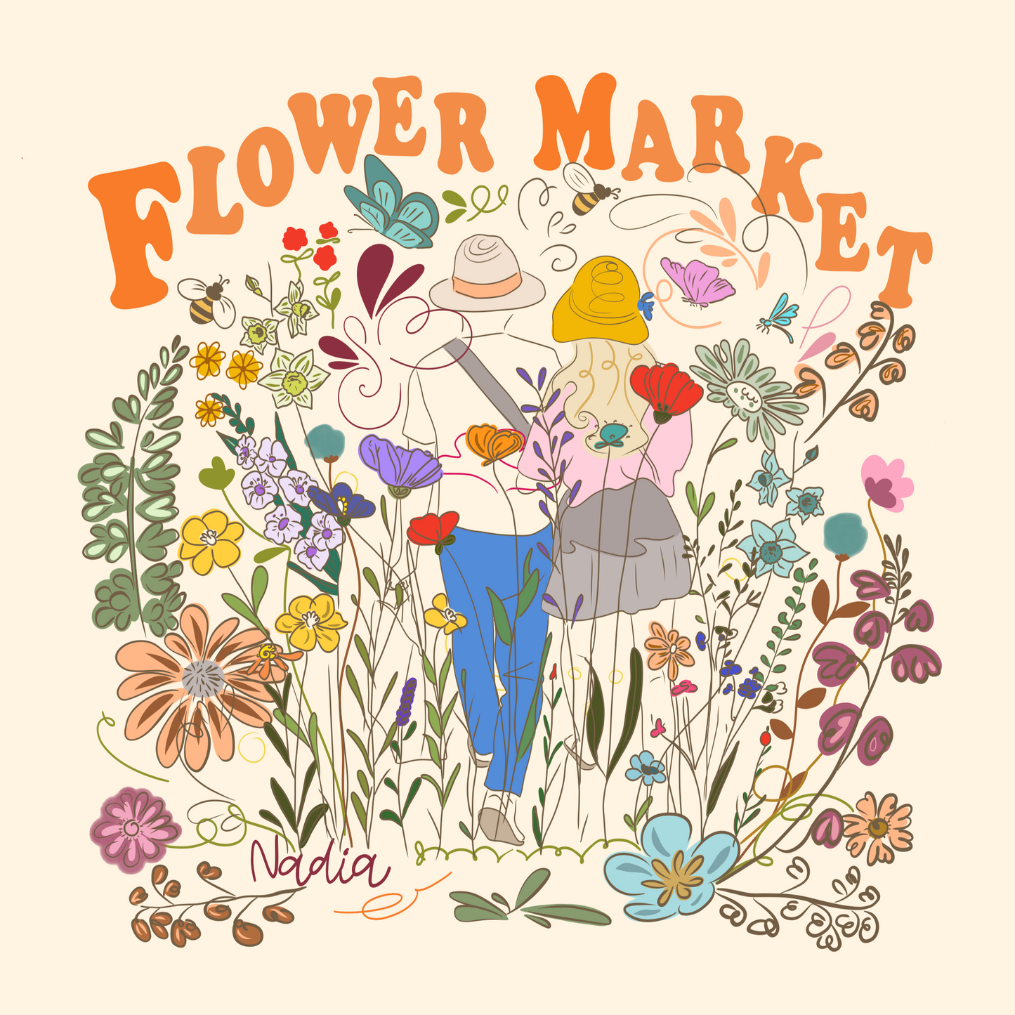 Floral graphic tee with colorful illustration of couple walking amidst flowers, Flower Market logo, women's off-white t-shirt