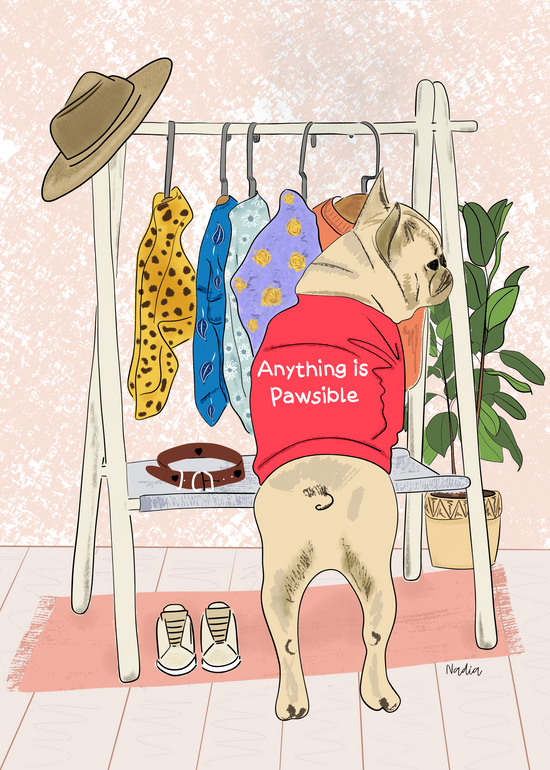 FRENCHIE AND HIS CLOSET. ADOBE ILLUSTRATION BY NADIA WATTS