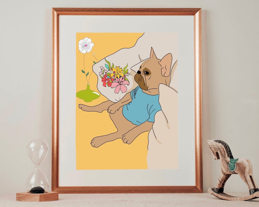 Cute Frenchie Illustrated Matted Art Print. Wall decor for kids' room
