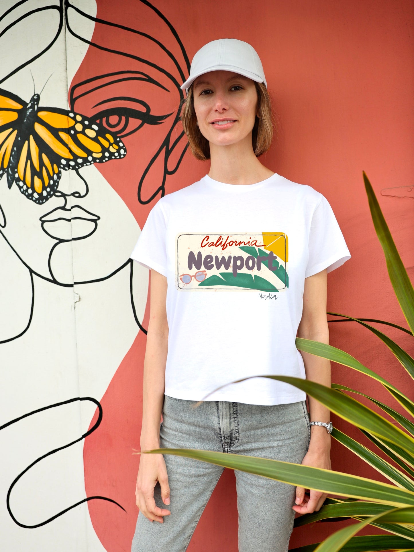 California Driver License illustrated tee for women. Designed and handmade by a local artist Nadia Watts in Newport Beach