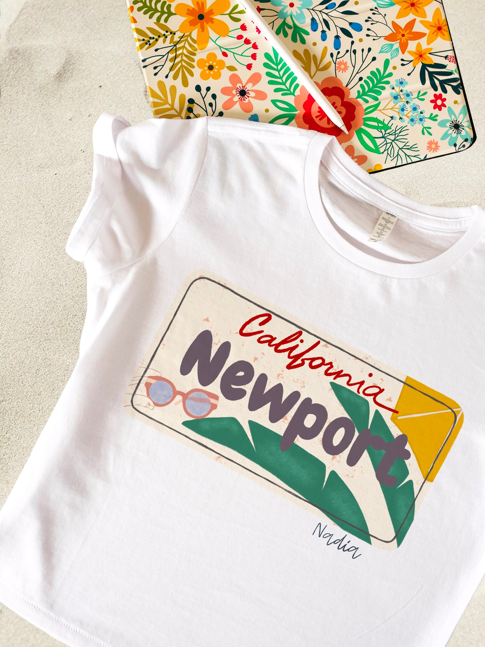 Illustrated graphic tee. California Newport License Plate  graphic t-shirt for women