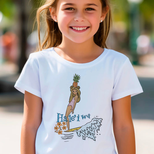 Hale'iwa Surfer Girl with pineapple on her head illustrated graphic tee for kids