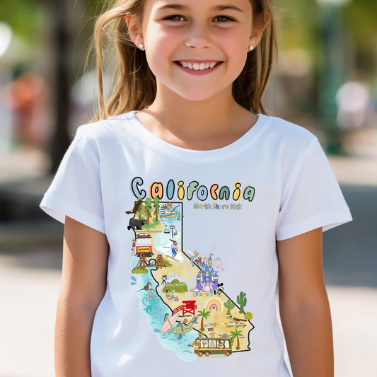 California Map North Shore Kids illustrated made by artist Nadia Watts graphic tee for children