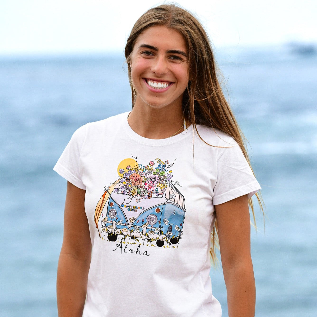 North Shore Girls Aloha Surf Bus floral illustrated graphic tee for women. Made by a local artist Nadia Watts