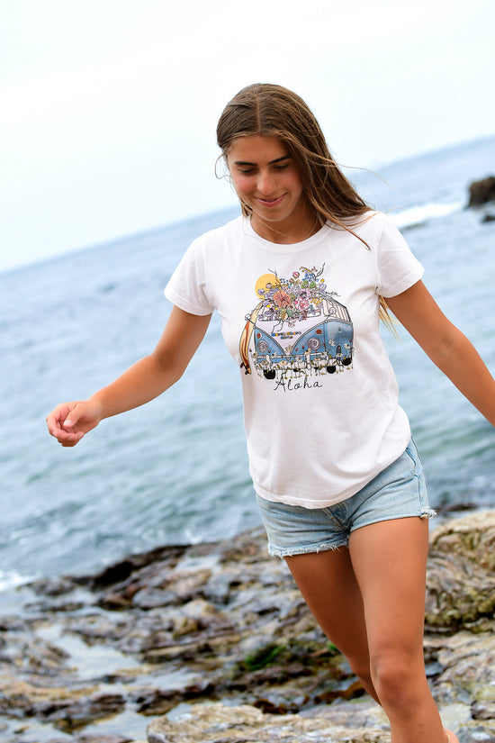 north shore girls graphic tee for women. Illustrated handmade surf floral bus with surf board. 