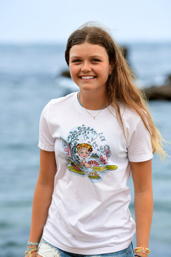 Load image into Gallery viewer, Mermaid among water lilies hand-drawn illustration printed on cotton tee for girls
