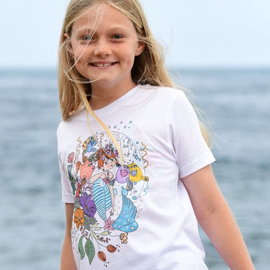 mermazing graphic tee for girls. mermaid and her fish friends floral handmade illustrated t-shirt for girls who like the ocean, art, mermaids and flowers. north Shore girls graphic tee collection for kids