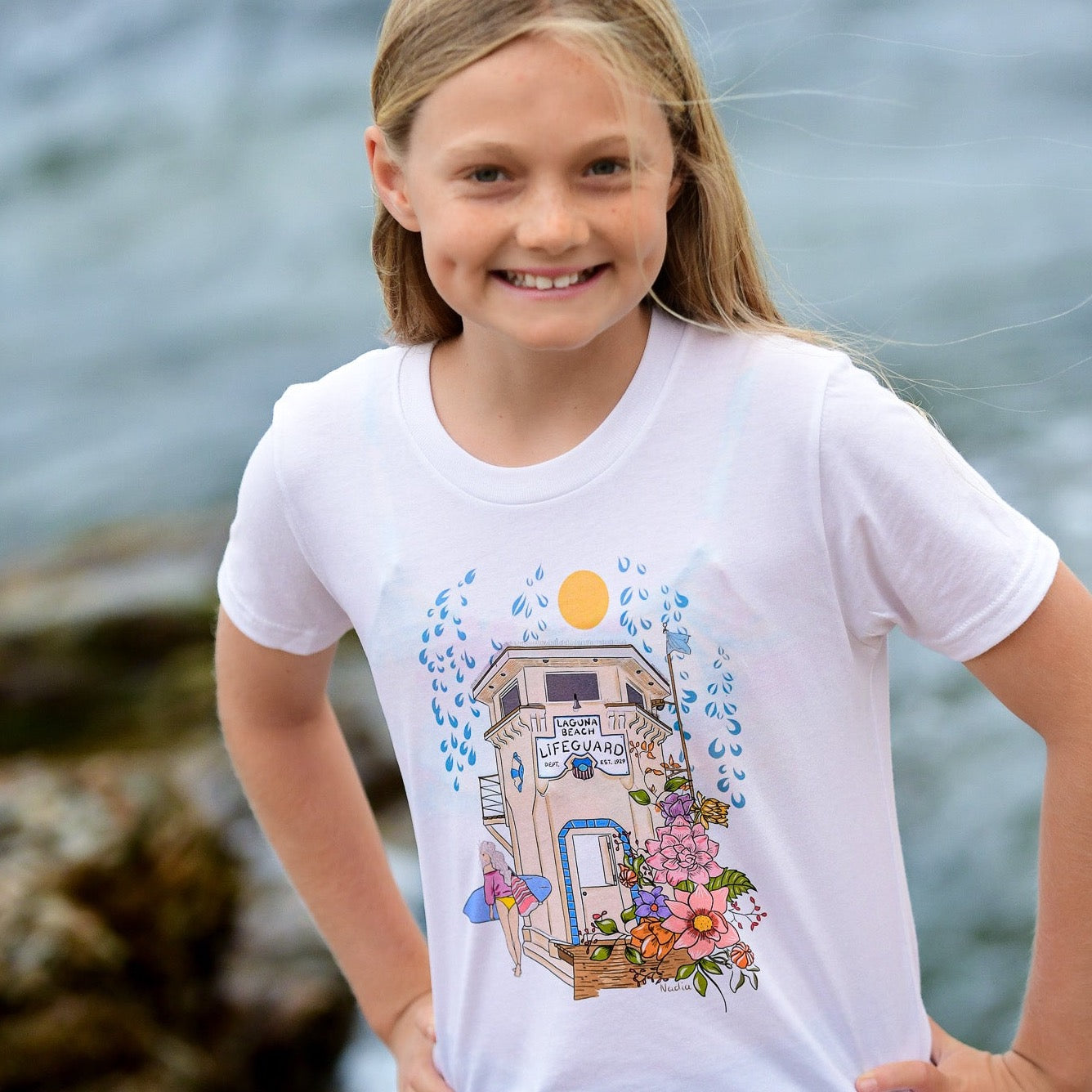 Load image into Gallery viewer, North Shore Girls graphic tee for a surfer girl or beach lover. Designed by a graphic artist Nadia Watts
