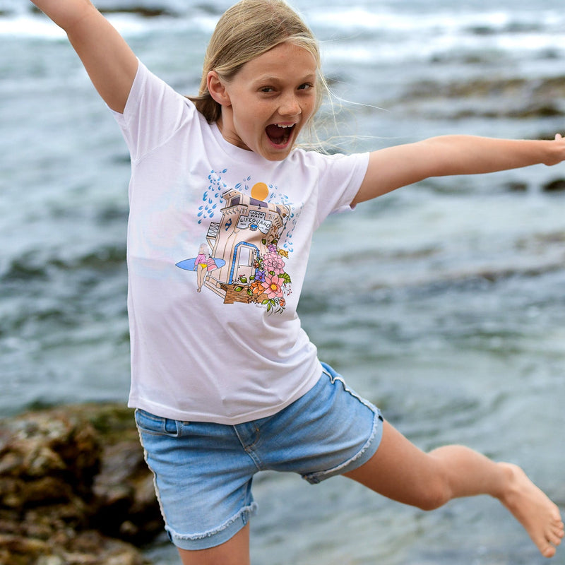 Laguna Beach Lifeguard Tower Surf graphic tee for girls. North Shore Girls handmade tee collection