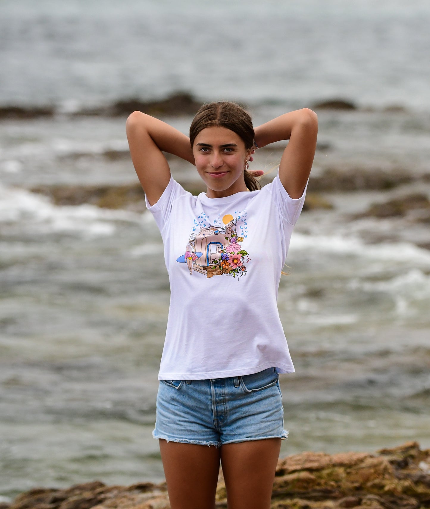 North Shore Girl floral surfer girl graphic tee. Laguna Beach lifeguard tower hand illustrated by artist. Handmade clothing 