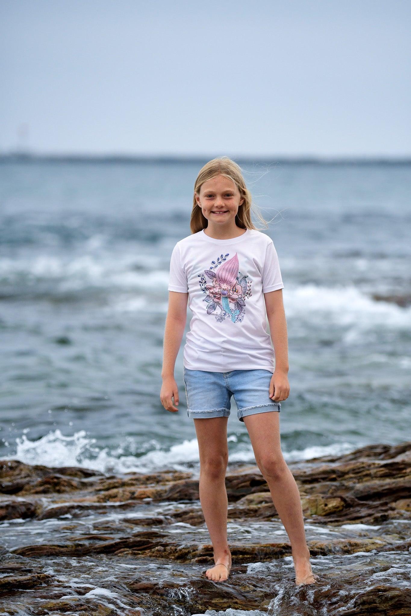 Handmade Floral Mermaid graphic tee for girls who love the beach and  sea creatures. Designed by Nadia Watts
