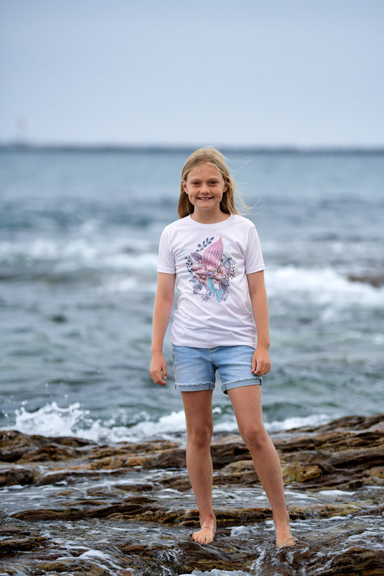 Load image into Gallery viewer, Handmade Floral Mermaid graphic tee for girls who love the beach and  sea creatures. Designed by Nadia Watts
