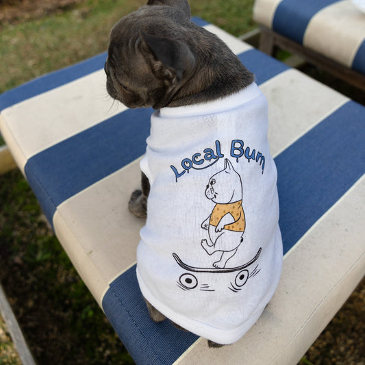 A French Bulldog wearing a white cotton dog tee with a hand-drawn illustration of a dog on a skateboard.