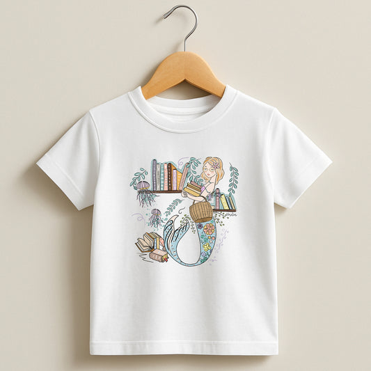 Illustrated toddler tee showing a mermaid with glasses next to a bookshelf, holding books – literary ocean theme