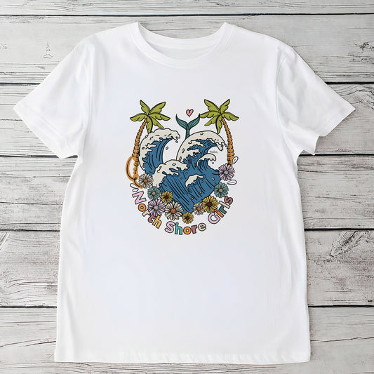 Youth white t-shirt featuring a hand-drawn ocean wave crest with palm trees and flowers, North Shore Girls brand.