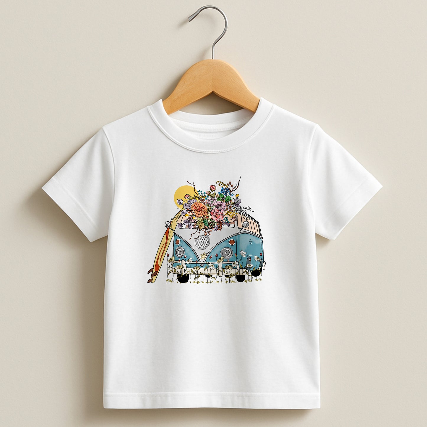White toddler t-shirt featuring a hand-drawn vintage blue surf van with flowers and a surfboard, part of the North Shore Kids collection