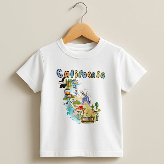 White toddler t-shirt featuring a colorful, hand-drawn map of California with coastal landmarks, part of the North Shore Kids collection.